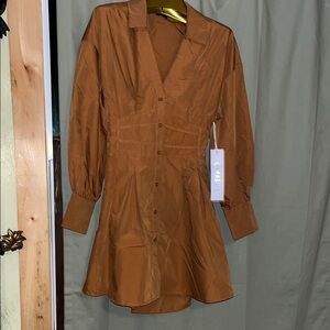 Brown Ribbed Fit and Flare Dress with Long Bishop Sleeves